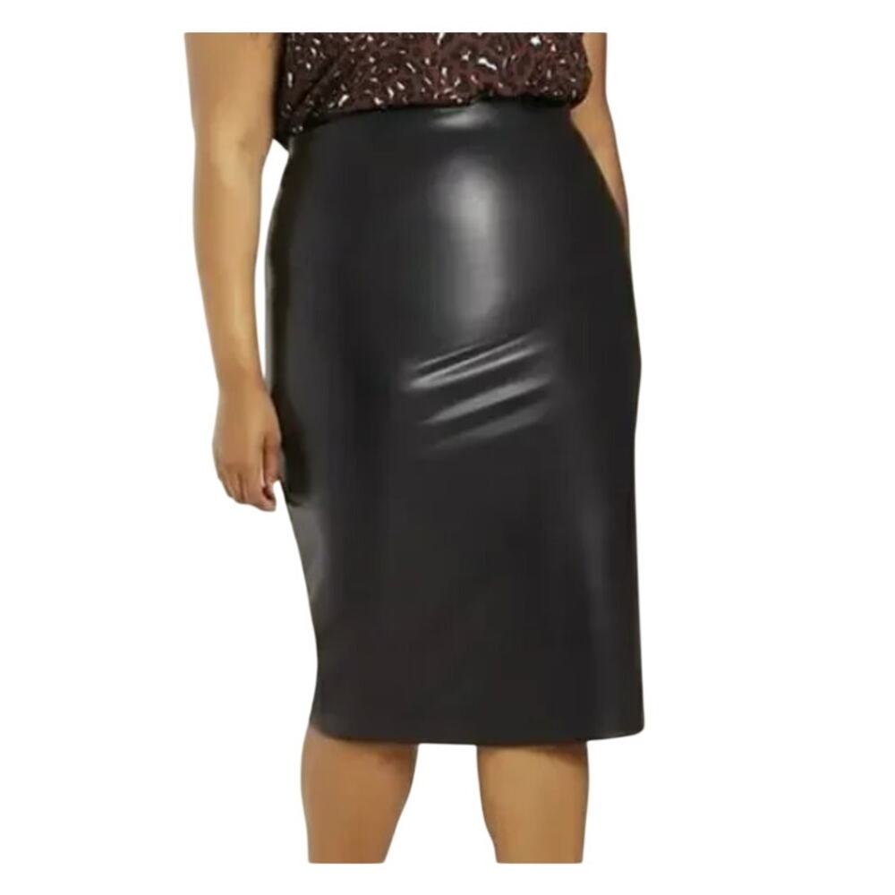 Eloquii Black Faux Vegan Leather Column Stretch Fitted High Rise Pencil Skirt